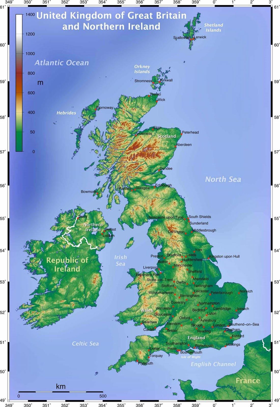 A grã-bretanha mapa topográfico